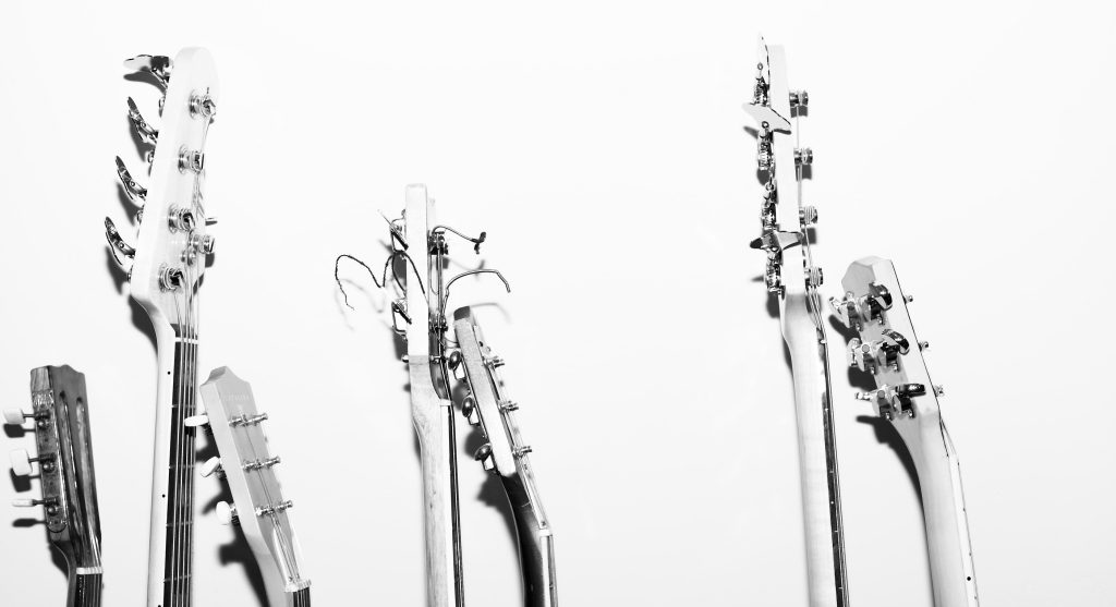 Black and white photo of guitar strings