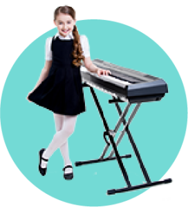 A girl standing next to a piano