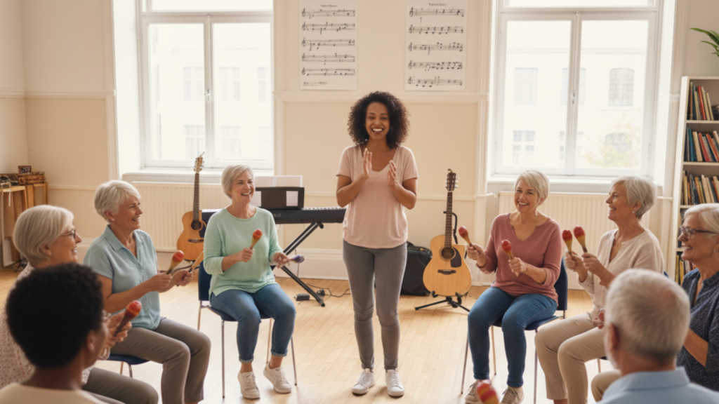 Adults 55+ participating in a music and movement class for seniors, engaging in rhythm and group activities in a welcoming studio setting