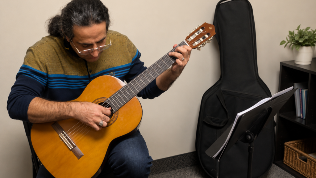 Adult piano student during a music lesson, enjoying a relaxed and engaging learning experience in a welcoming studio environment.