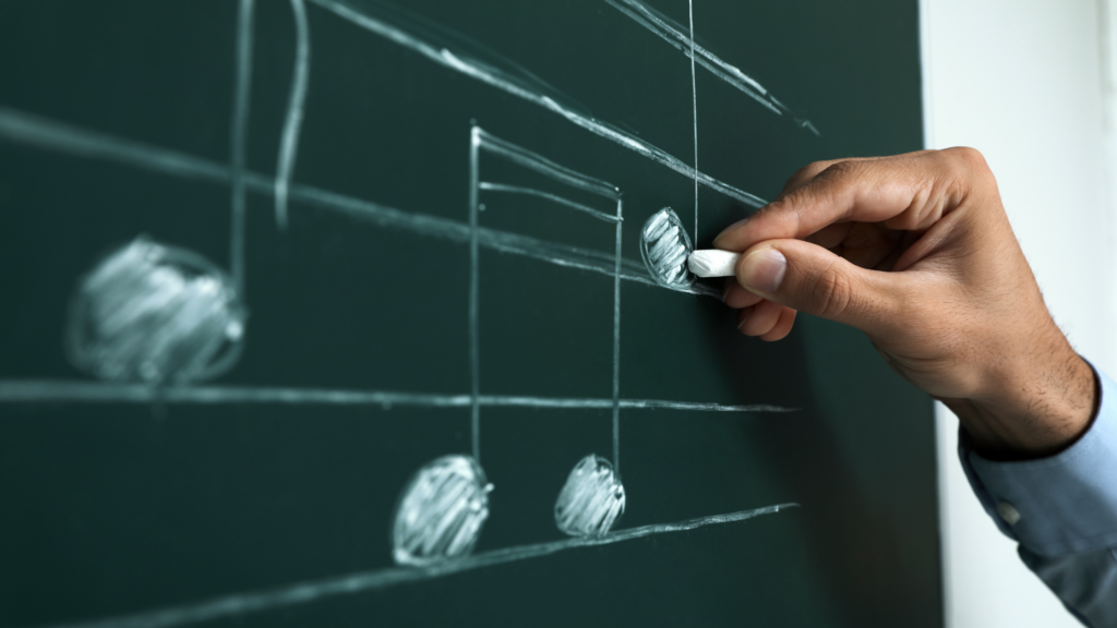A chalkboard covered in handwritten music notes, with a hand adding more notes — representing the joy of learning music one note at a time.